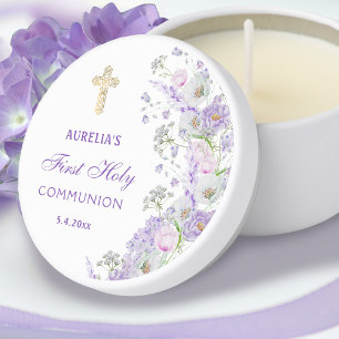 Watercolor Lilac Flowers First Communion Mini Candle Favors