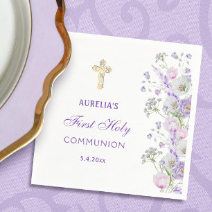 Watercolor Lilac Flowers First Communion Napkins