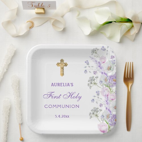 Watercolor Lilac Flowers First Communion