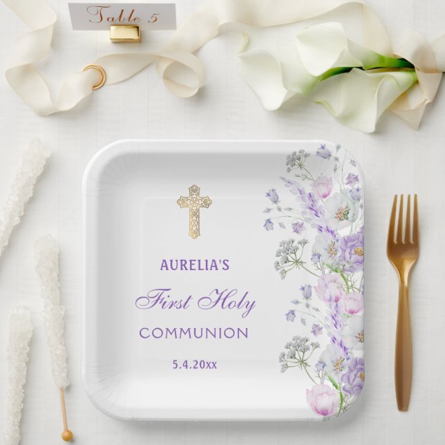 Watercolor Lilac Flowers First Communion Paper Plates (Wedding)