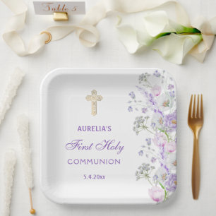 Watercolor Lilac Flowers First Communion Paper Plates