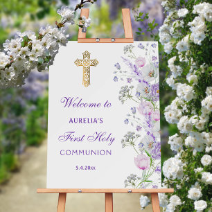 Watercolor Lilac Flowers First Communion Welcome Foam Board