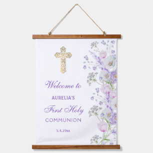 Watercolor Lilac Flowers First Communion Welcome Hanging Tapestry