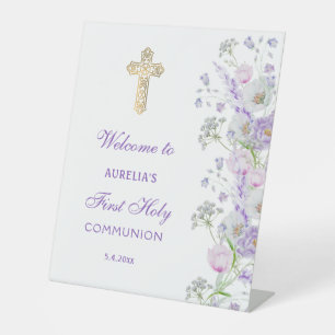 Watercolor Lilac Flowers First Communion Welcome Pedestal Sign