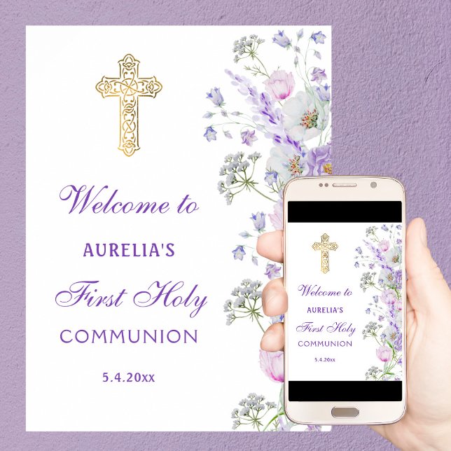 Watercolor Lilac Flowers First Communion Welcome Poster (Creator Uploaded)