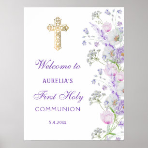 Watercolor Lilac Flowers First Communion Welcome Poster