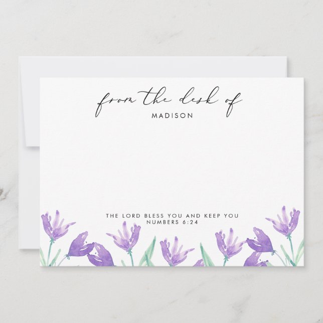 Watercolor Lilac Flowers Personalized  Scripture Note Card (Front)