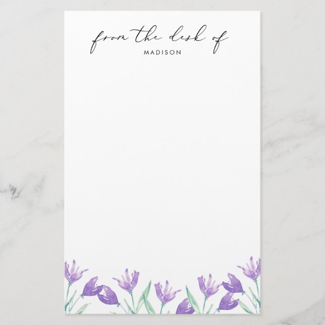 Watercolor Lilac Flowers Personalized Stationery (Front)