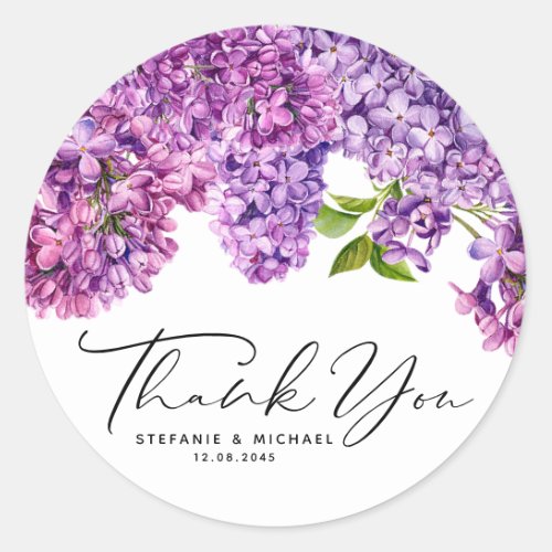 Watercolor Lilac Flowers Spring Wedding Thank You Classic Round Sticker
