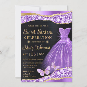 Watercolor Lilac Gold Glitter Dress Sweet Sixteen Invitation