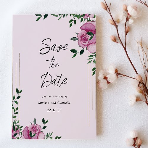 Watercolor lilac green gold floral Save The Date Invitation