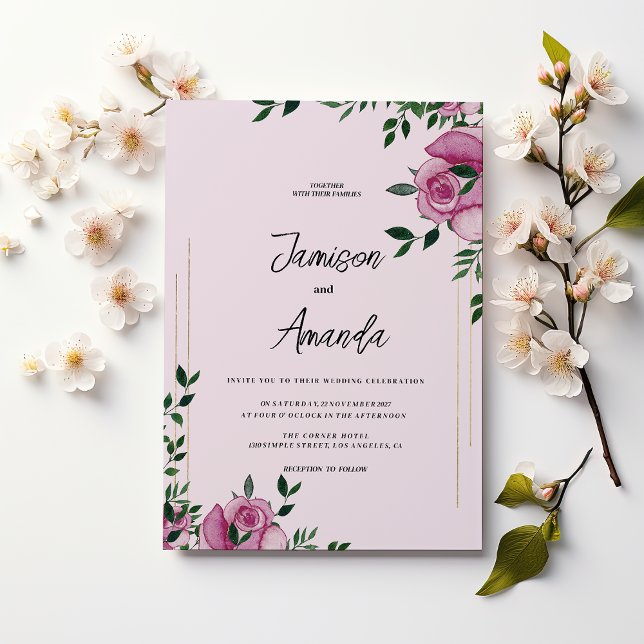 Watercolor lilac green gold rose floral Wedding Invitation (Watercolor lilac green gold rose floral Wedding )