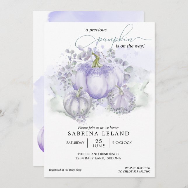 Watercolor Lilac Little Pumpkin Baby Shower Invitation (Front/Back)