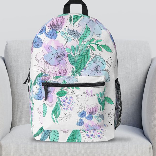 Watercolor Lilac Mint Doodle Floral Leaves Printed Backpack (Creator Uploaded)