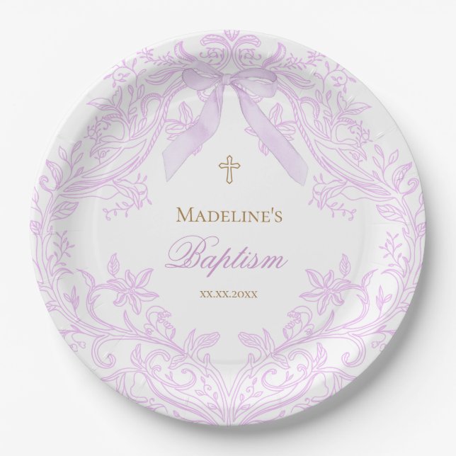  watercolor lilac purple Baptism Paper Plates (Front)