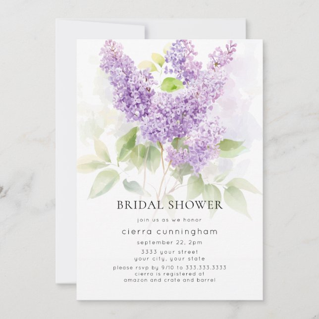 Watercolor Lilac Purple Floral Bridal Shower Invitation (Front)