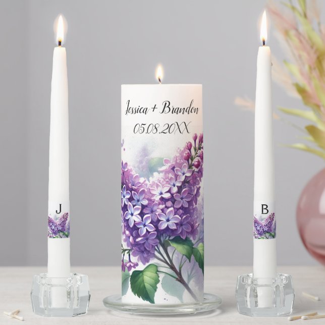 Watercolor Lilac Purple Floral Monogram Unity Candle Set (In Situ)