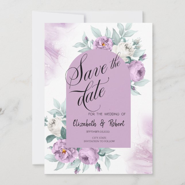Watercolor Lilac Roses Polka Dots Save The Date (Front)