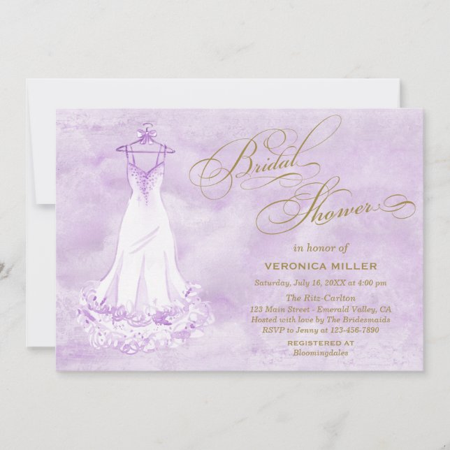 Watercolor Lilac Wedding Gown Bridal Shower Invite (Front)