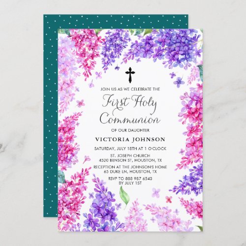 Watercolor Lilac Wreath First Holy Communion Invitation