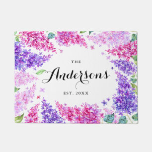 Watercolor Lilac Wreath Personalized Name Doormat