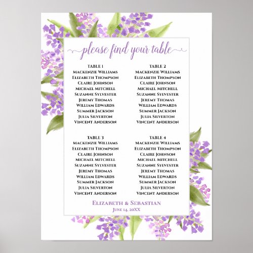 Watercolor Lilacs 4 Table Wedding Seating Chart