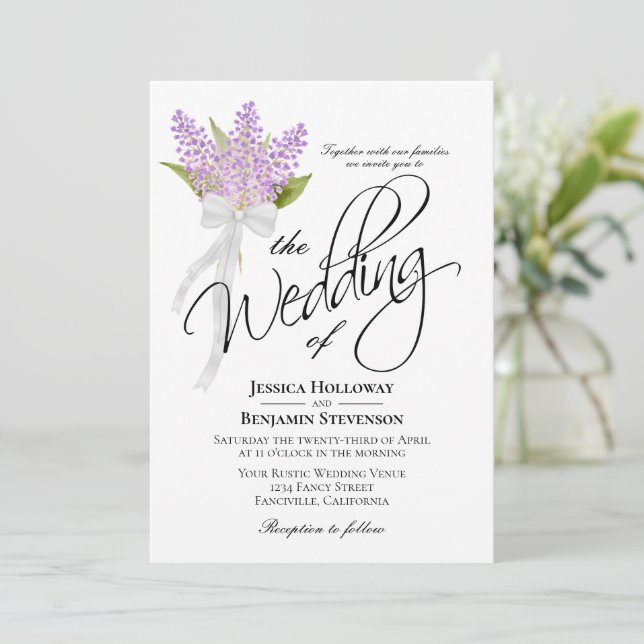 Watercolor Lilacs Bouquet Rustic Boho Wedding Invitation (Standing Front)