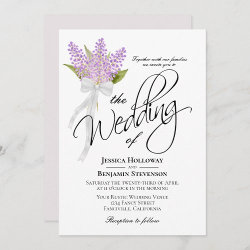 Watercolor Lilacs Bouquet Rustic Boho Wedding Invitation