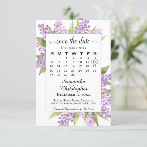 Watercolor Lilacs  Calendar Elegant Boho Wedding Save The Date