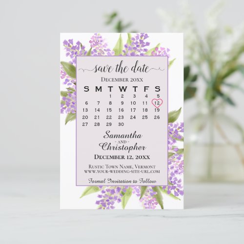 Watercolor Lilacs  Calendar Lavender Boho Wedding Save The Date