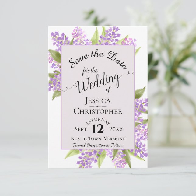 Watercolor Lilacs & Calligraphy Lavender Wedding Save The Date (Standing Front)