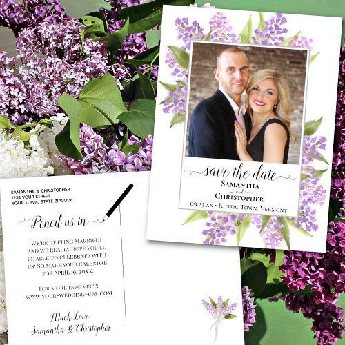 Watercolor Lilacs Wedding Save the Date Photo Announcement Postcard