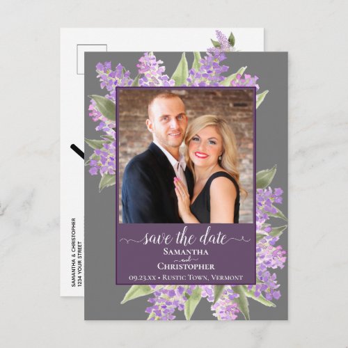 Watercolor Lilacs Wedding Save the Date Photo Gray Announcement Postcard