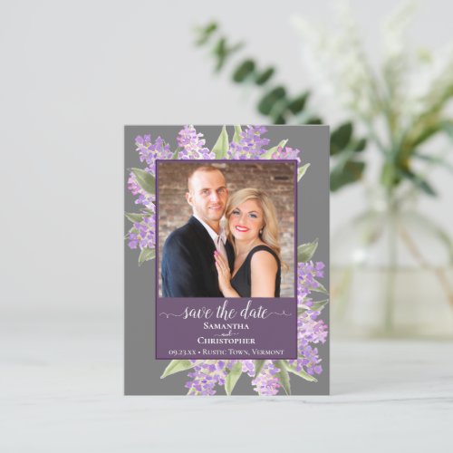 Watercolor Lilacs Wedding Save the Date Photo Gray Announcement Postcard