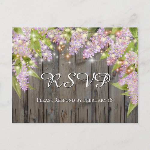 Watercolor Lilacs With Wood  Lights Wedding RSVP Postcard