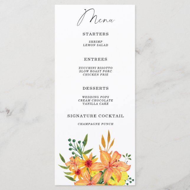 Watercolor lilies elegant floral minimalist menu (Front)