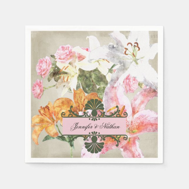 Watercolor Lilies Paper Wedding  Napkins (Front)