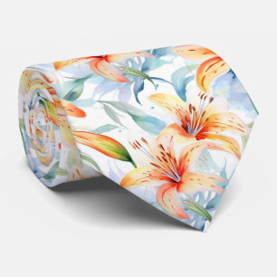 Watercolor Lily Floral Pattern Neck Tie