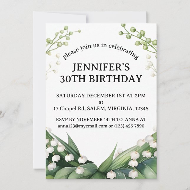 Watercolor Lily of the Valley Birthday Party Invitation (Front)