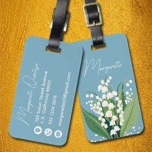 Watercolor Lily of the Valley Blue & White Script Luggage Tag