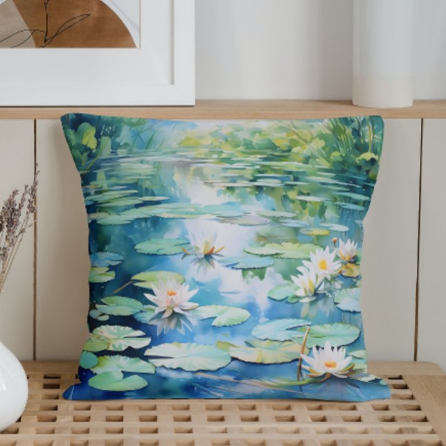 Watercolor Lily Pond Serenity Throw Pillow (Creator Uploaded)