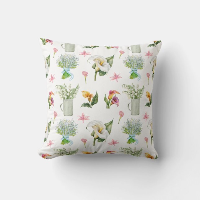 Watercolor Lily Print Pattern Throw Pillow (Front)