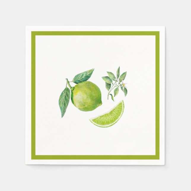 Watercolor Lime and Leaves Paper Napkin (Front)