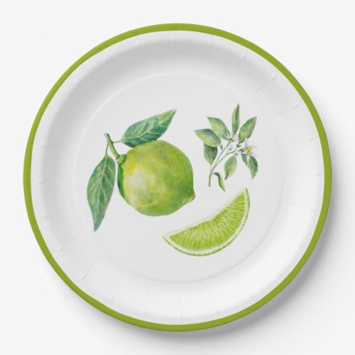 Watercolor Lime and Leaves Paper Plate
