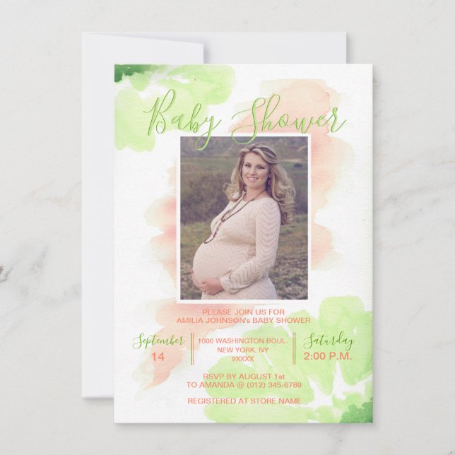 Watercolor Lime Pink Peach BABY SHOWER | PHOTO Invitation (Front)