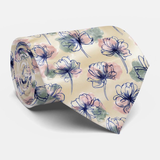 Watercolor Line Floral Pattern Neck Tie (Rolled)