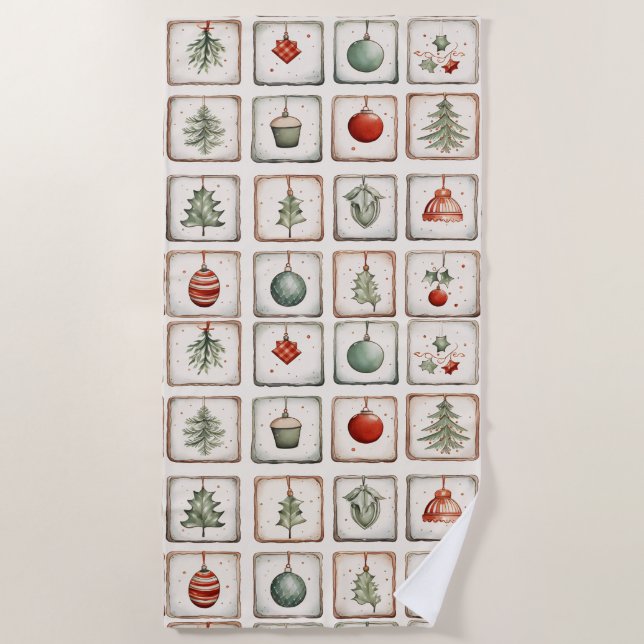Watercolor Lineart Christmas Pattern Beach Towel (Front)