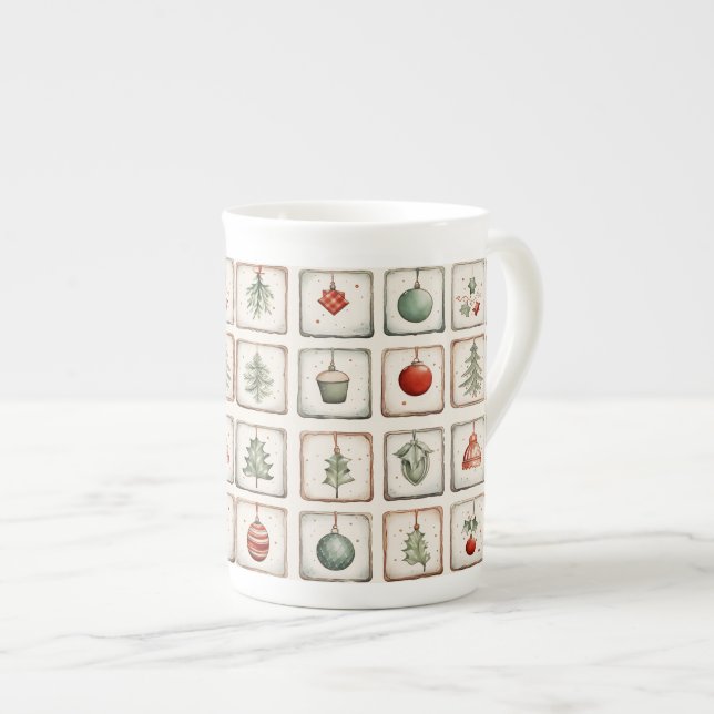 Watercolor Lineart Christmas Pattern Bone China Mug (Front Right)