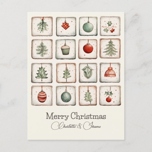 Watercolor Lineart Christmas Pattern Holiday Postcard