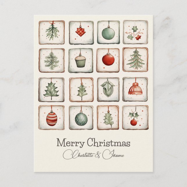 Watercolor Lineart Christmas Pattern Holiday Postcard (Front)